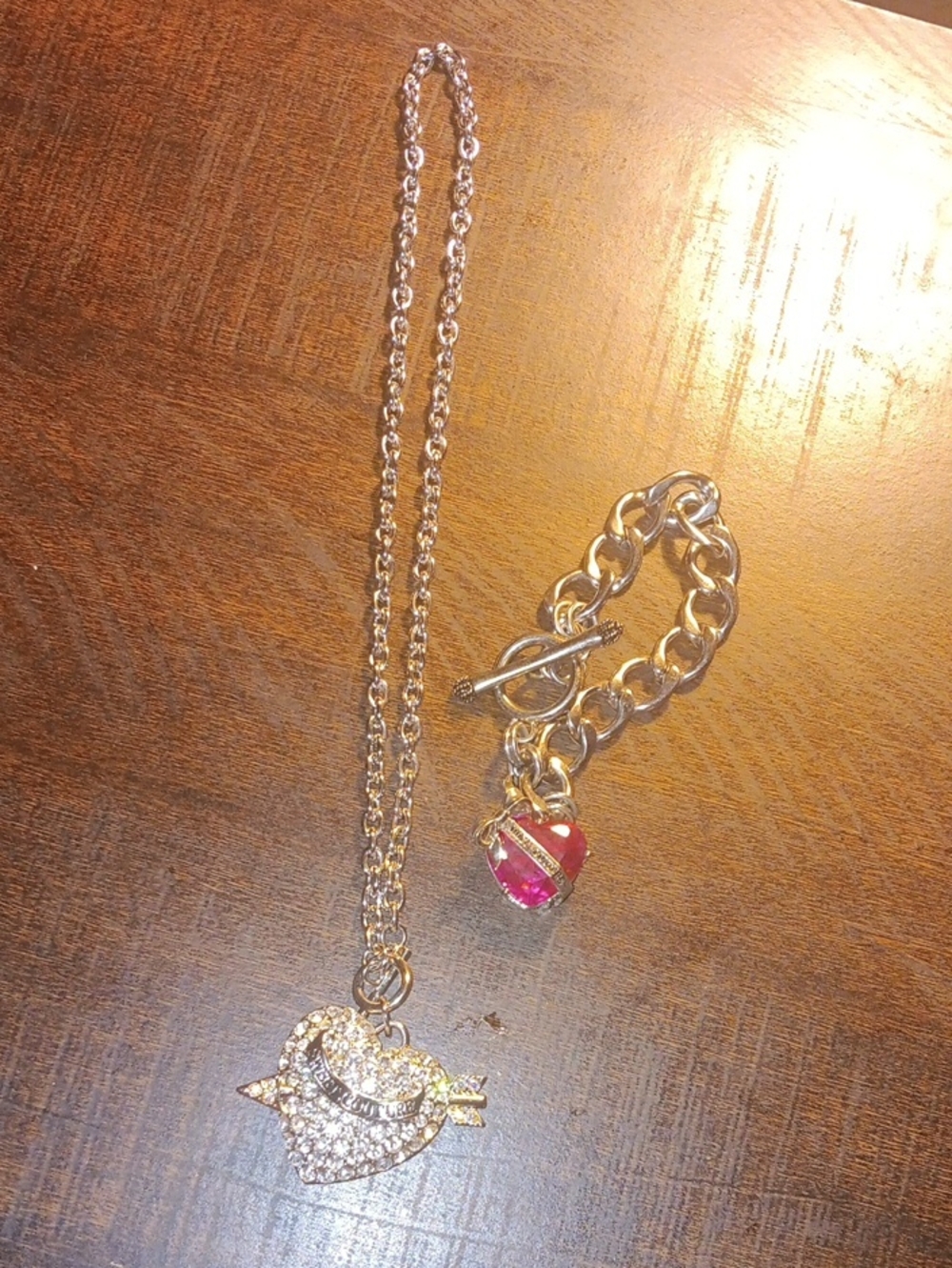 Juicy Couture Silver-Tone Pave Heart Pendant Necklace with Pink Charm Bracelet